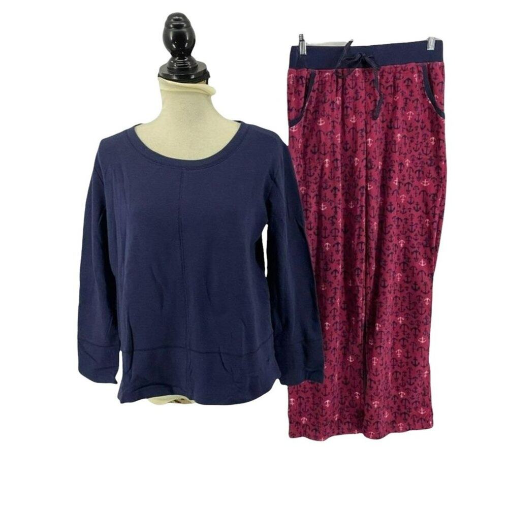 Nautica Womens Navy Anchor Print Fleece Pajama Set Medium